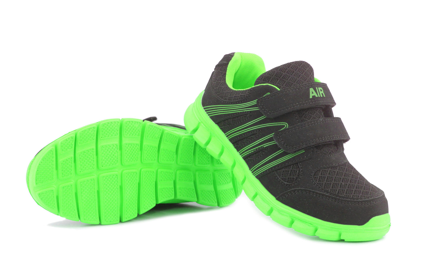 Kids Black Neon Green Youth Super Lightweight EVA Double Touch Fasten Strap Sports Trainers