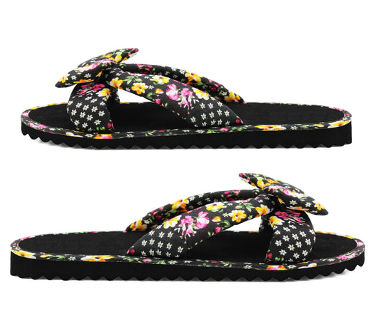 Womens Floral Mule Sandals Slip On Summer Beach Flip Flops Ladies Flat Bow Sliders Spa Pool Slides Black Floral