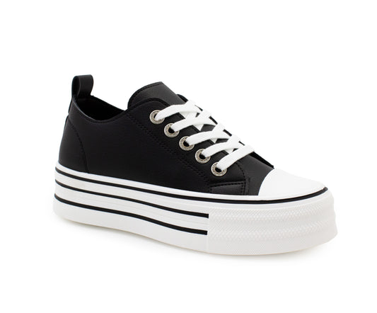 Womens Platform Canvas Trainers Lace Up Chunky Sole Baseball Sneakers Ladies Flat Low Top Fashion Trainer Pumps Black
