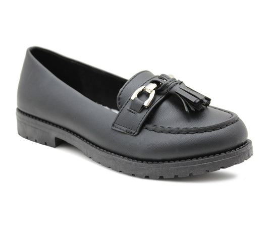 AVA Girls Slip On School Shoes Kids Black PU Smart Formal Uniform Buckle Tassel Loafers Pumps