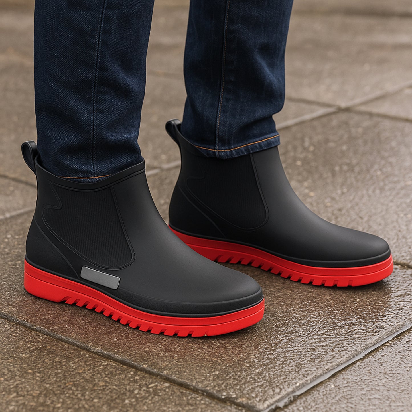 Mens Ankle Wellies Boots Black Red Short Slip On Waterproof Garden Chelsea Rain Boot Snow Farm Gardening Outdoor Festival Wellingtons