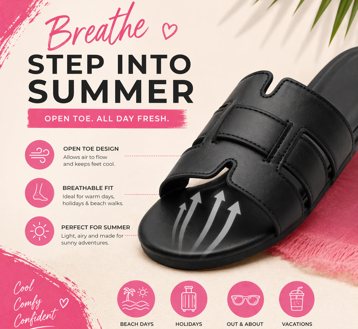 Womens Flat Slip On Sandals Open Toe Multi Strap Slides Backless Casual Summer Holiday Beach Slipper Flats Shoes
