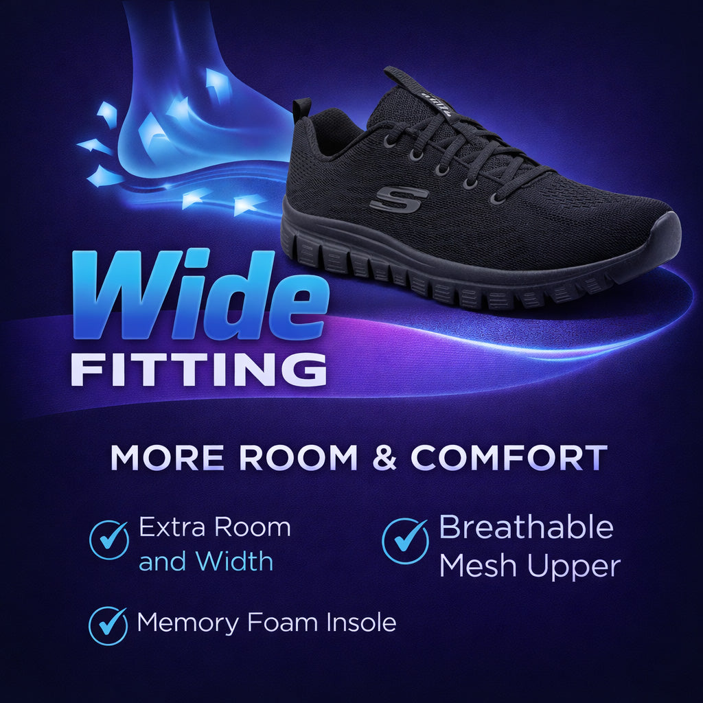 Skechers 12615 Graceful Wide Fit Womens Trainers Memory Foam Ladies Sneakers Black Mesh