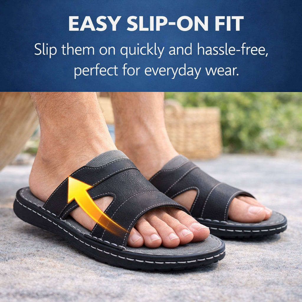 Mens Slip On Sandals Faux Leather Open Toe Sliders Flat Beach Casual Summer Slippers Comfort Sliders