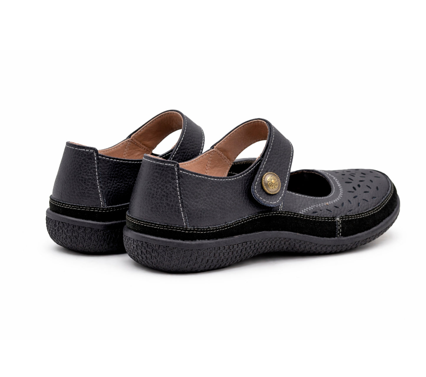 Womens Wide Fit Mary Janes Genuine Leather Nurse Office Wide EEE Fit Touch Fasten Ladies Casual Loafers Shoes
