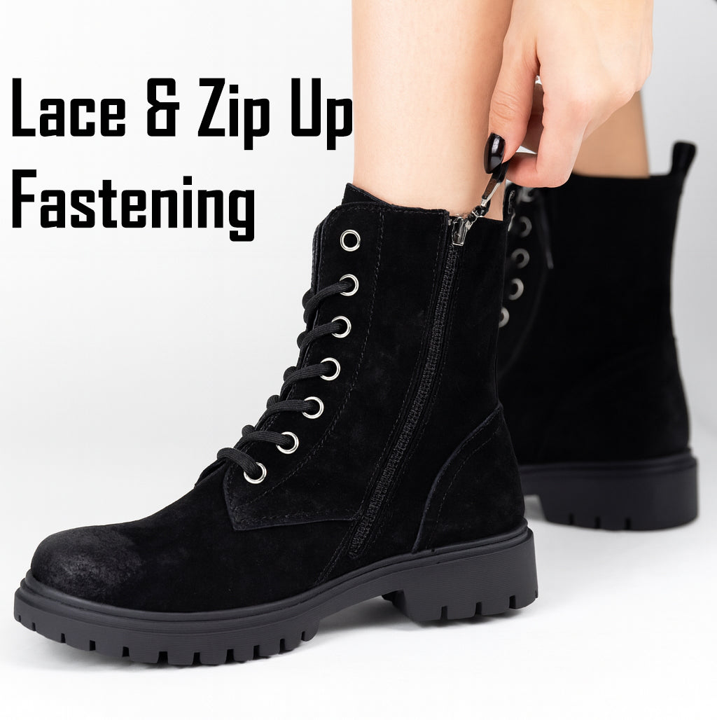 Women’s Suede Leather Boots Ladies Lace Up Zip Ankle Combat Boots Chunky Sole Walking Boot