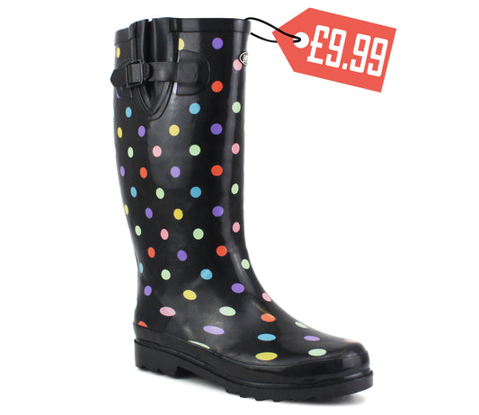 Womens Adjustable Calf Wellies Waterproof Ladies Fashion Festival Dog Walking Rain Mud Polka Dot Wellington Boots