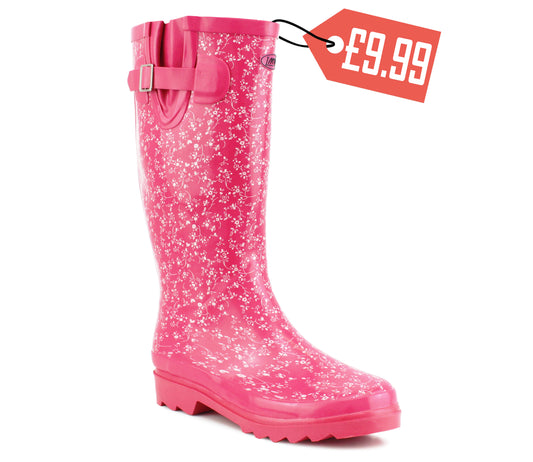 Womens Adjustable Calf Wellies Waterproof Ladies Fashion Festival Dog Walking Rain Mud Wellington Boots Fuchsia Pink