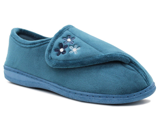 Womens Lightweight Faux Fur Wide Opening Touch Fasten Diabetic Orthopaedic Teal Blue Slippers