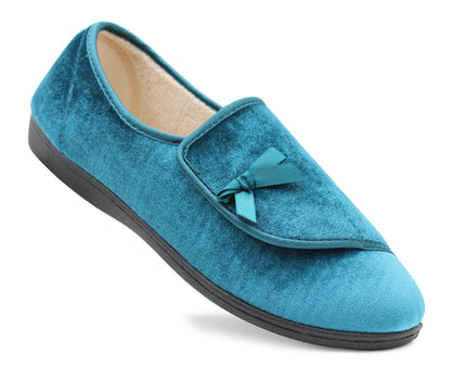 Womens Velour Faux Fur Lined Ladies Winter Wide Opening Diabetic Orthopaedic Teal Blue Slippers