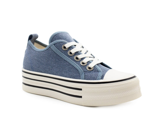 Womens Platform Canvas Trainers Denim Blue Lace Up Chunky Sole Baseball Sneakers Ladies Flat Low Top Fashion Trainer Pumps