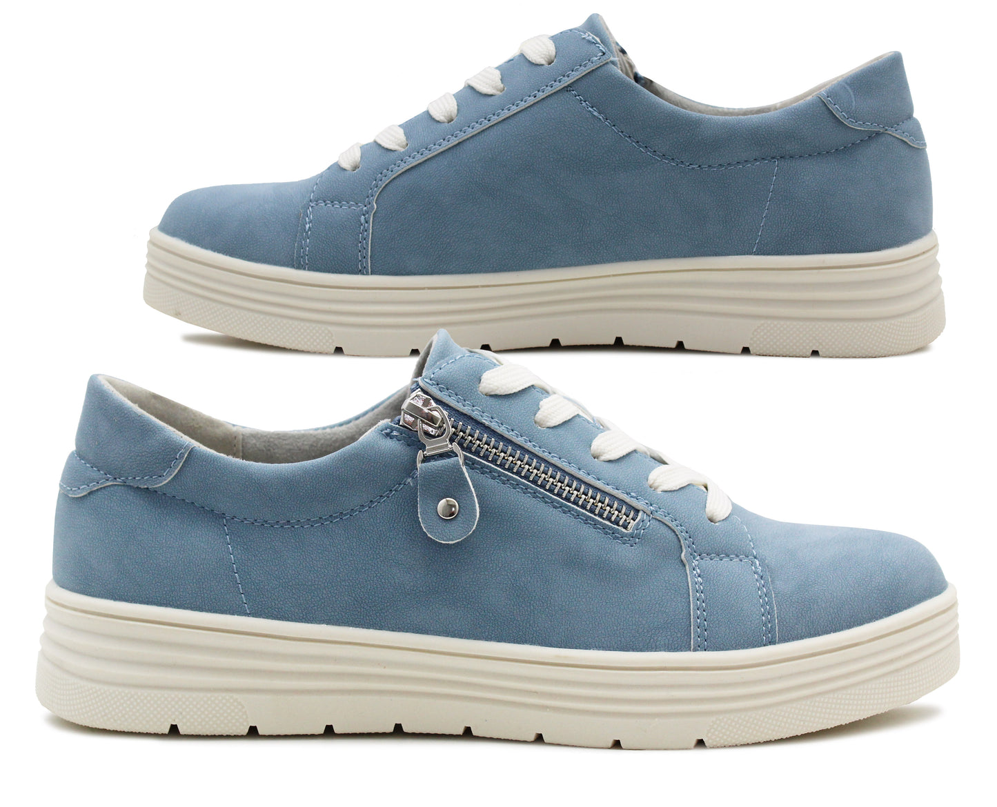 Womens Casual Lace Up Blue Fashion Trainers Side Zip Fastening Sneaker Shoes