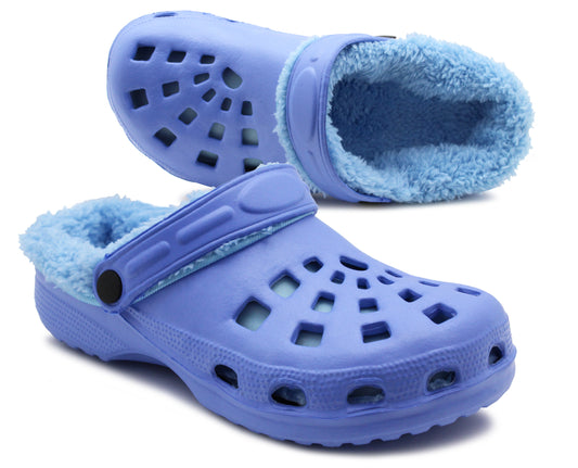 Womens Warm Fur Lined Thermal Blue Garden Clogs Lightweight EVA Slip On Slippers Kitchen Nurse Indoor House Shoes Sandals