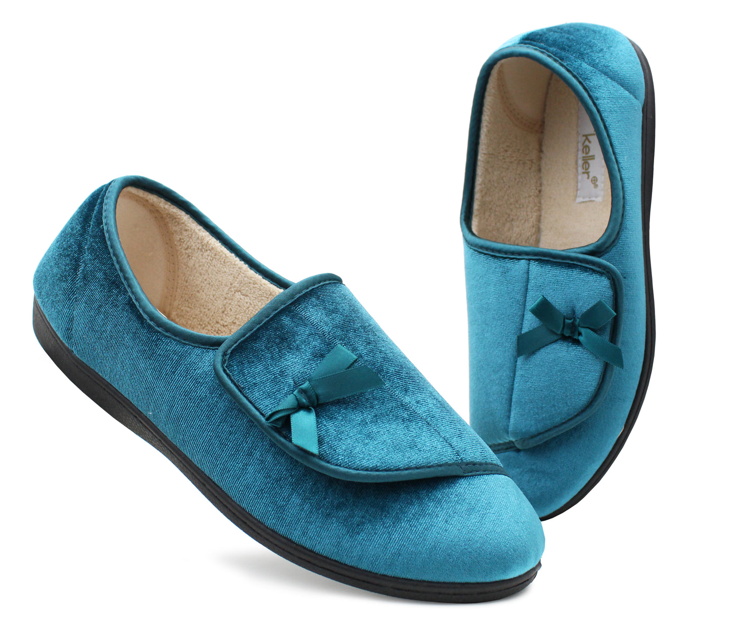 Womens Velour Faux Fur Lined Ladies Winter Wide Opening Diabetic Orthopaedic Teal Blue Slippers