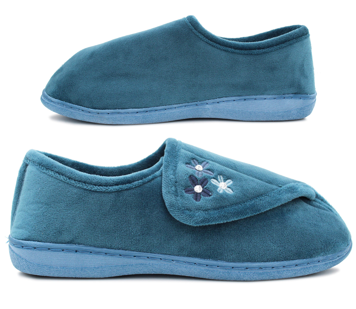 Womens Lightweight Faux Fur Wide Opening Touch Fasten Diabetic Orthopaedic Teal Blue Slippers