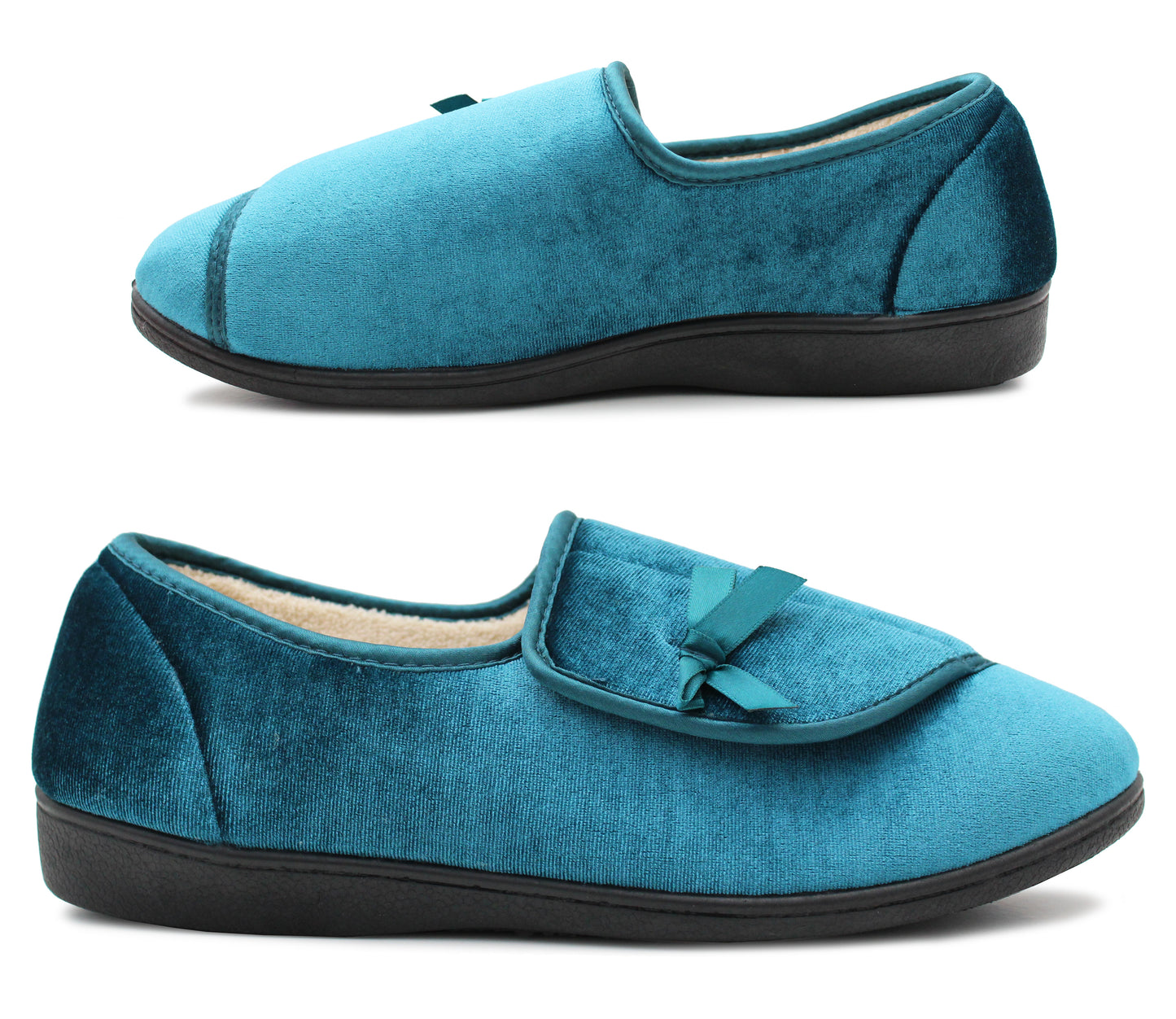 Womens Velour Faux Fur Lined Ladies Winter Wide Opening Diabetic Orthopaedic Teal Blue Slippers