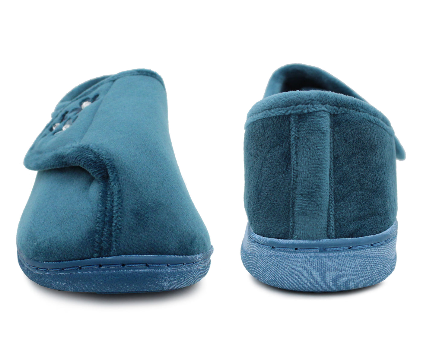 Womens Lightweight Faux Fur Wide Opening Touch Fasten Diabetic Orthopaedic Teal Blue Slippers