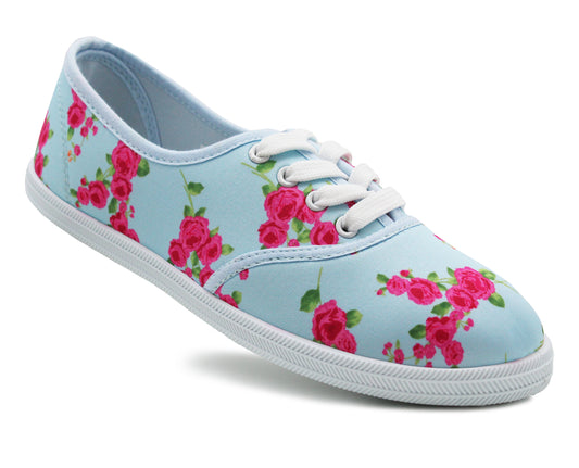 Womens Blue Floral Canvas Lace Up Plimsolls Flat Pumps Casual Loafer Trainers