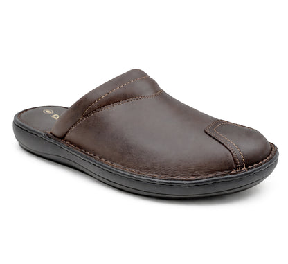 Mens Brown Leather Backless Slippers Gents Slip On Fashion Clogs Indoor House Shoes