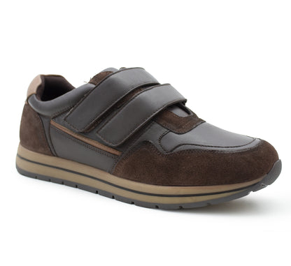 Men’s Brown Leather Trainers Shoes Casual Double Strap Touch Fastening Sneakers Smart Slip On Walking Shoes