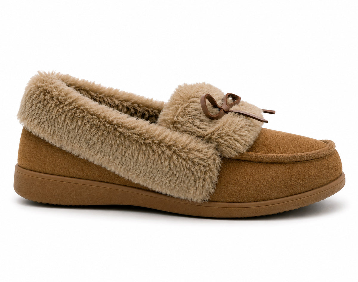 Womens Memory Foam Moccasin Slippers Faux Fur Trim Warm Slip On Ladies Winter House Shoes