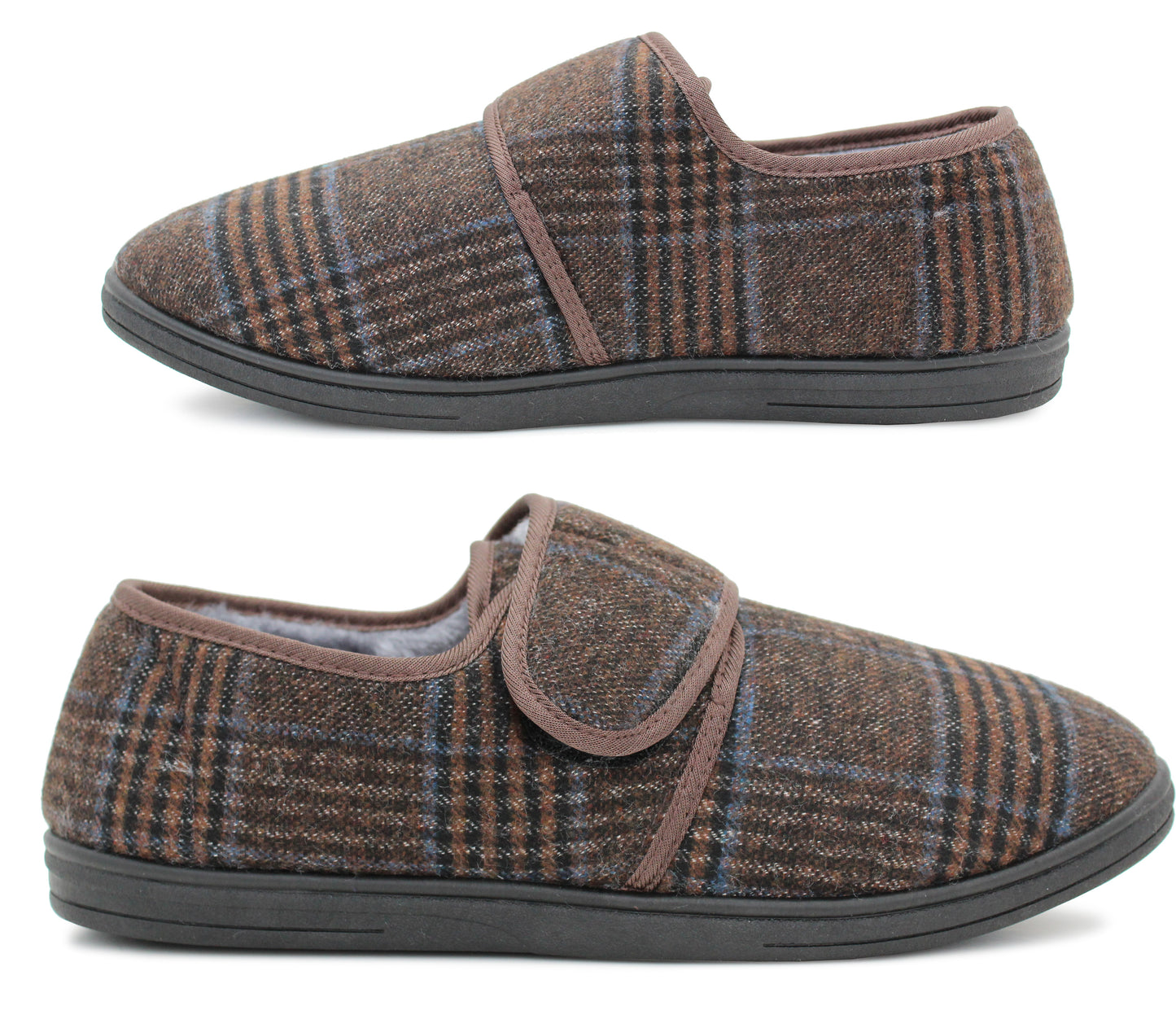 Mens Brown Check Felt Faux Fur Lined Thermal Wide Opening Touch Fasten Slippers