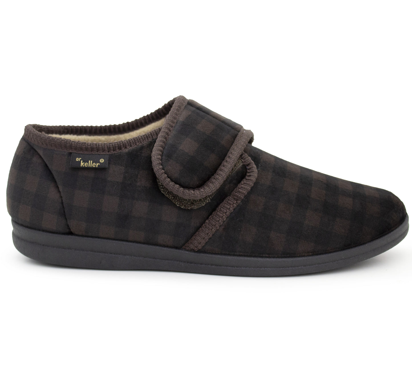 Mens Slippers Check Faux Fur Lined Thermal Wide Open Touch Fasten Straps House Shoes Brown