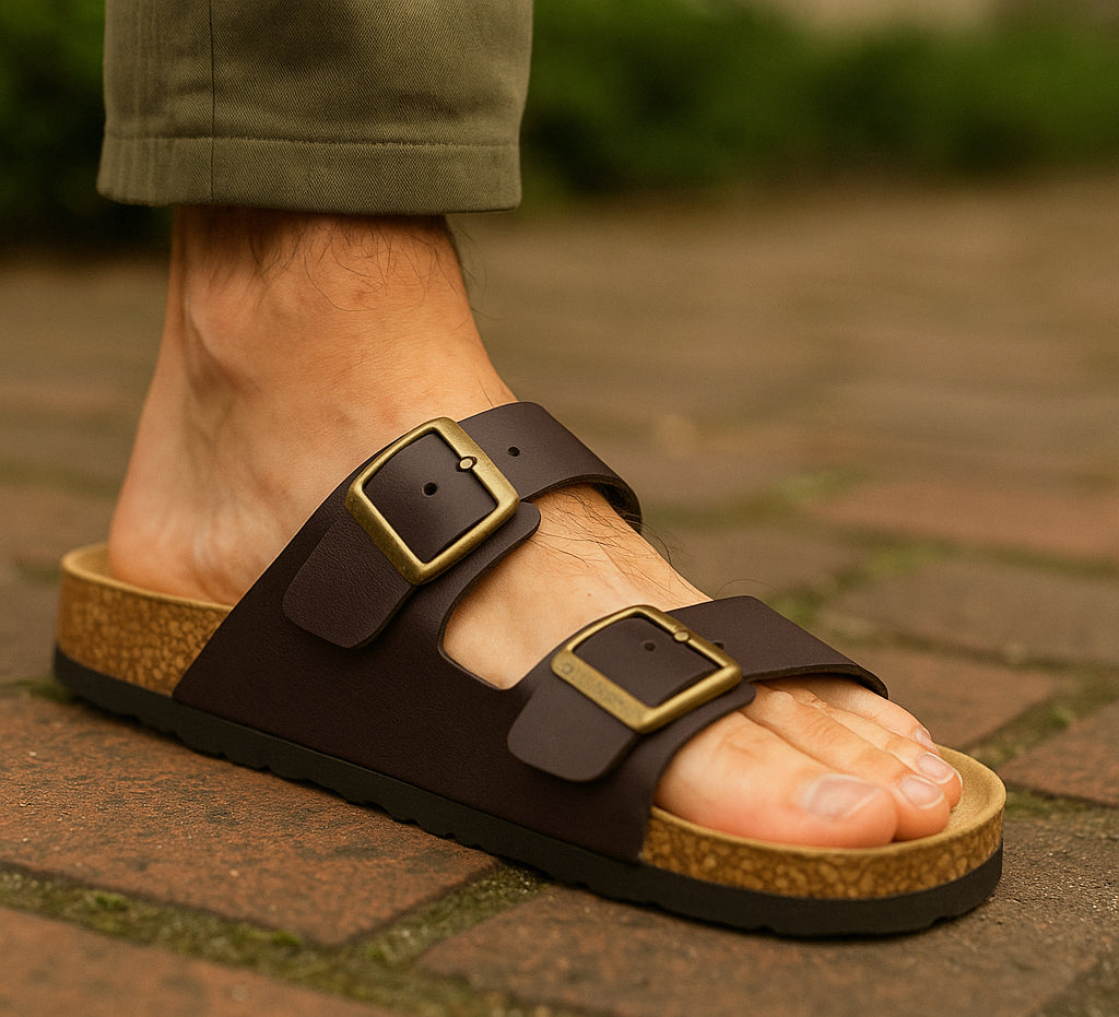 Mens Sandals Cork Footbed Brown Faux Leather 2 Adjustable Straps Beach Fashion Slides Summer Slip On Backless Smart Casual Fashion Sandal