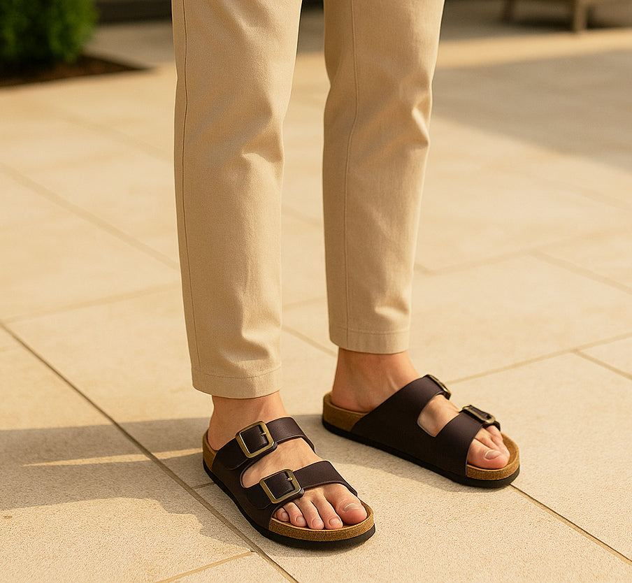 Mens Sandals Cork Footbed Brown Faux Leather 2 Adjustable Straps Beach Fashion Slides Summer Slip On Backless Smart Casual Fashion Sandal