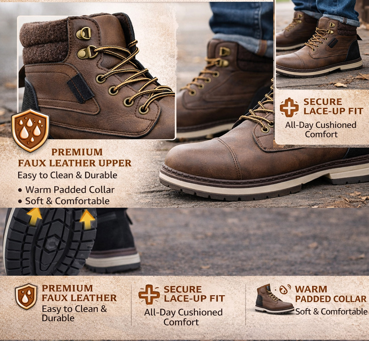 Mens Ankle Boots Faux Leather Smart Casual Lace Up Side Zip Fashion Boots