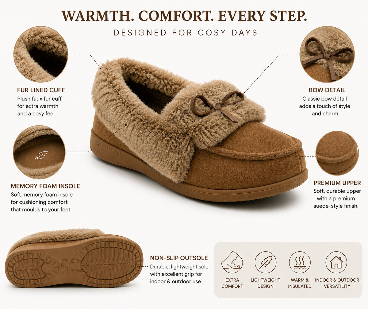 Womens Memory Foam Moccasin Slippers Faux Fur Trim Warm Slip On Ladies Winter House Shoes