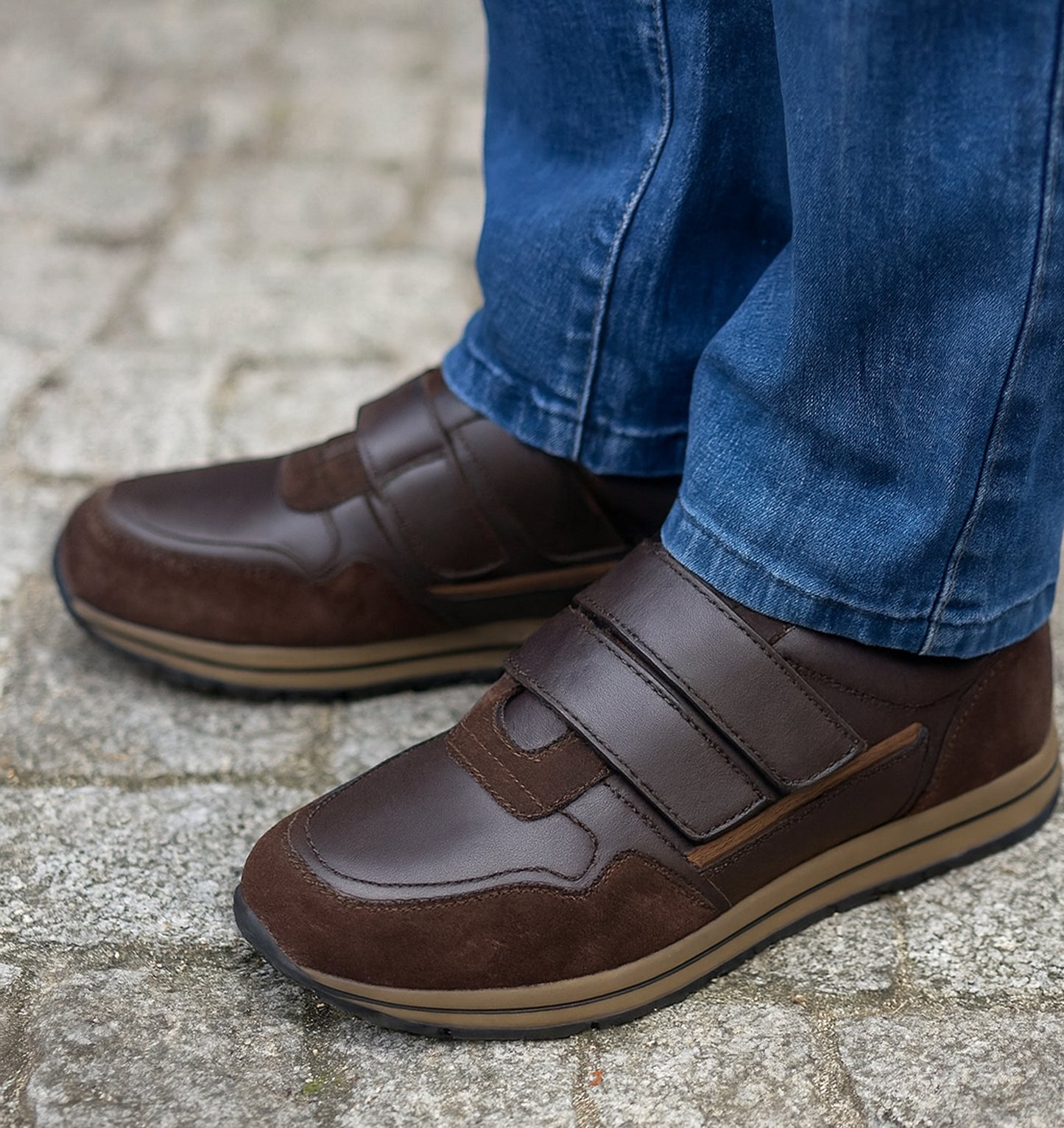 Men’s Brown Leather Trainers Shoes Casual Double Strap Touch Fastening Sneakers Smart Slip On Walking Shoes