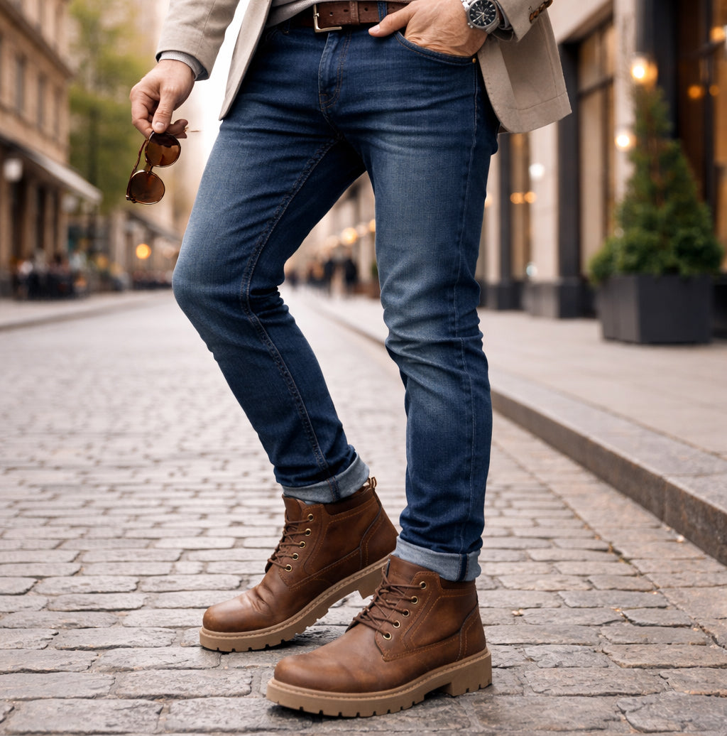 Mens Ankle Boots Faux Leather Smart Casual Lace Up Fashion Combat Boots in Brown