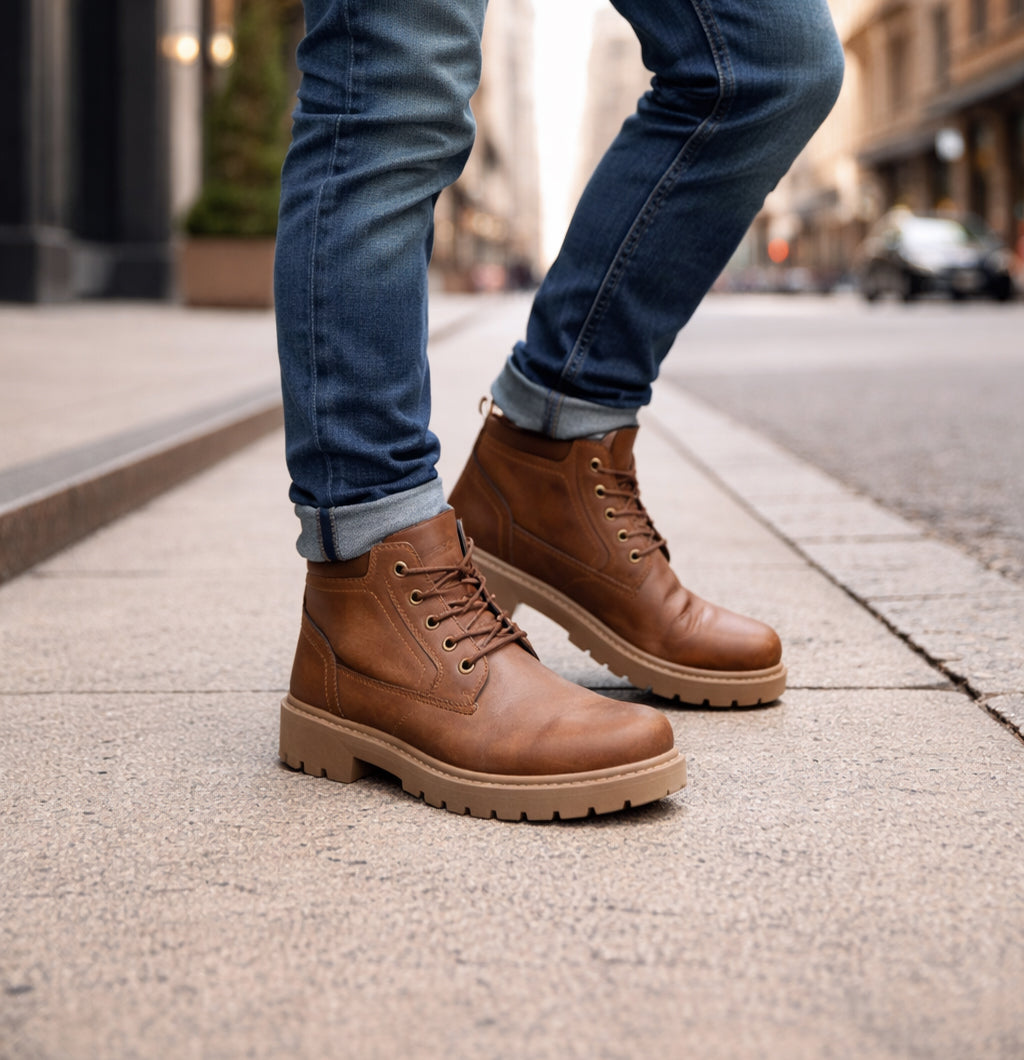 Mens Ankle Boots Faux Leather Smart Casual Lace Up Fashion Combat Boots in Brown