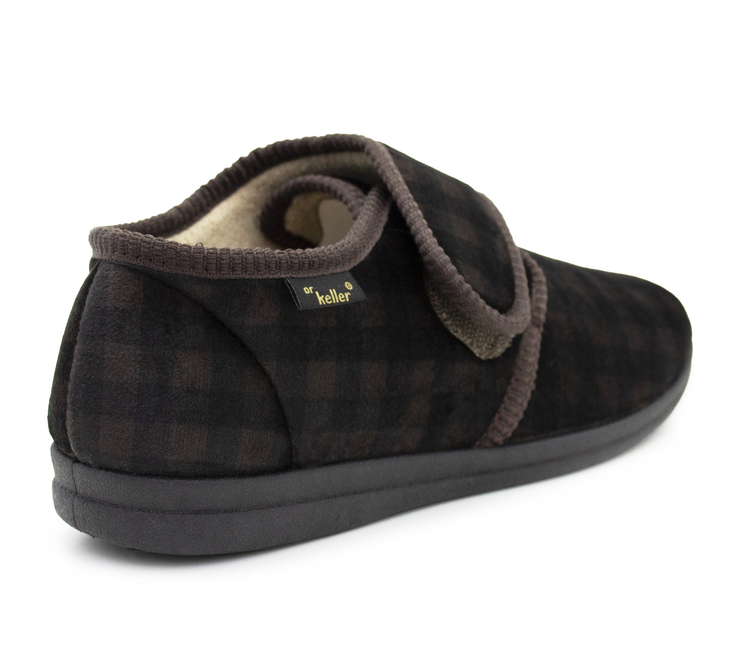 Mens Slippers Check Faux Fur Lined Thermal Wide Open Touch Fasten Straps House Shoes Brown
