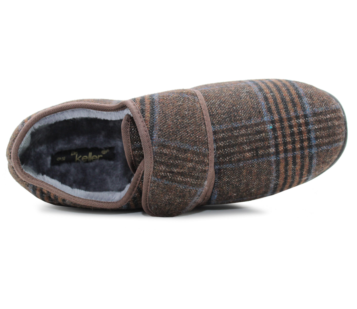 Mens Brown Check Felt Faux Fur Lined Thermal Wide Opening Touch Fasten Slippers