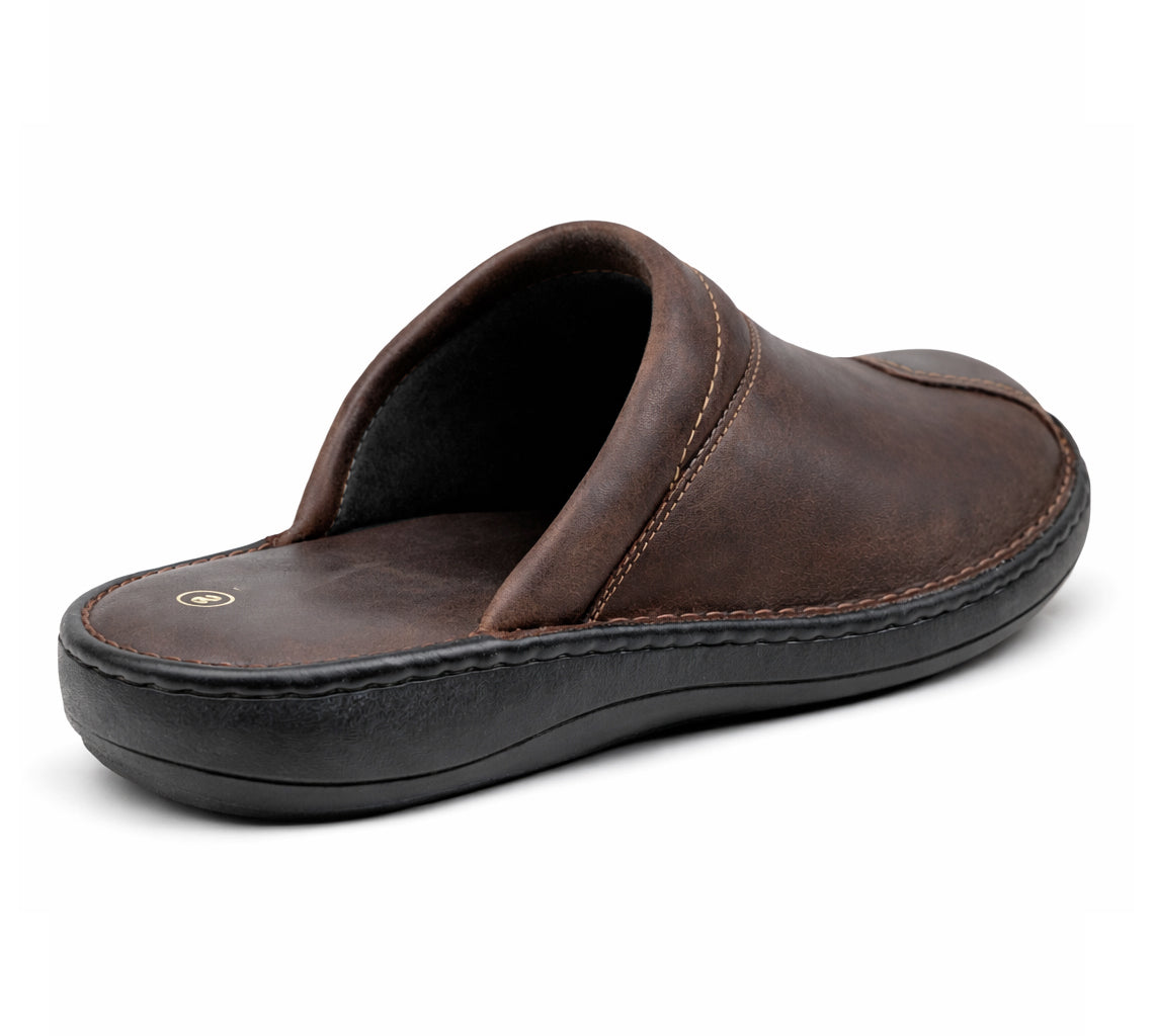 Mens Brown Leather Backless Slippers Gents Slip On Fashion Clogs Indoor House Shoes