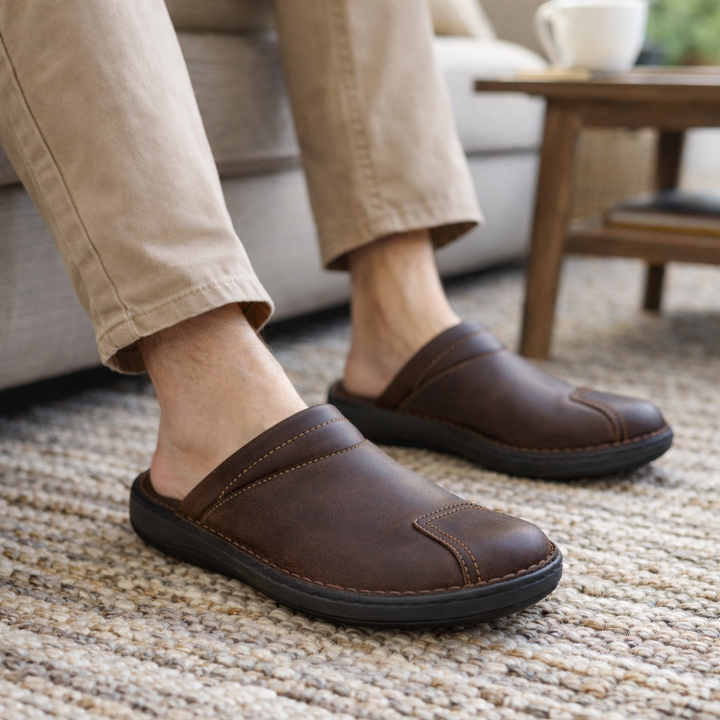 Mens Brown Leather Backless Slippers Gents Slip On Fashion Clogs Indoor House Shoes
