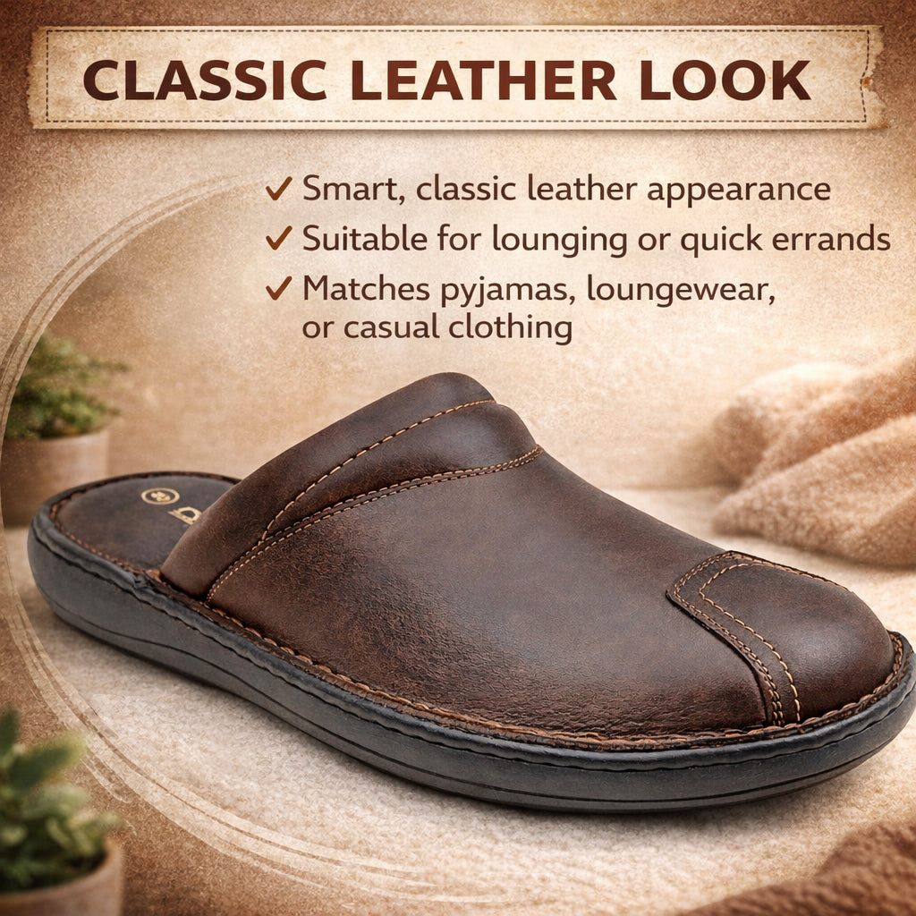 Mens Brown Leather Backless Slippers Gents Slip On Fashion Clogs Indoor House Shoes