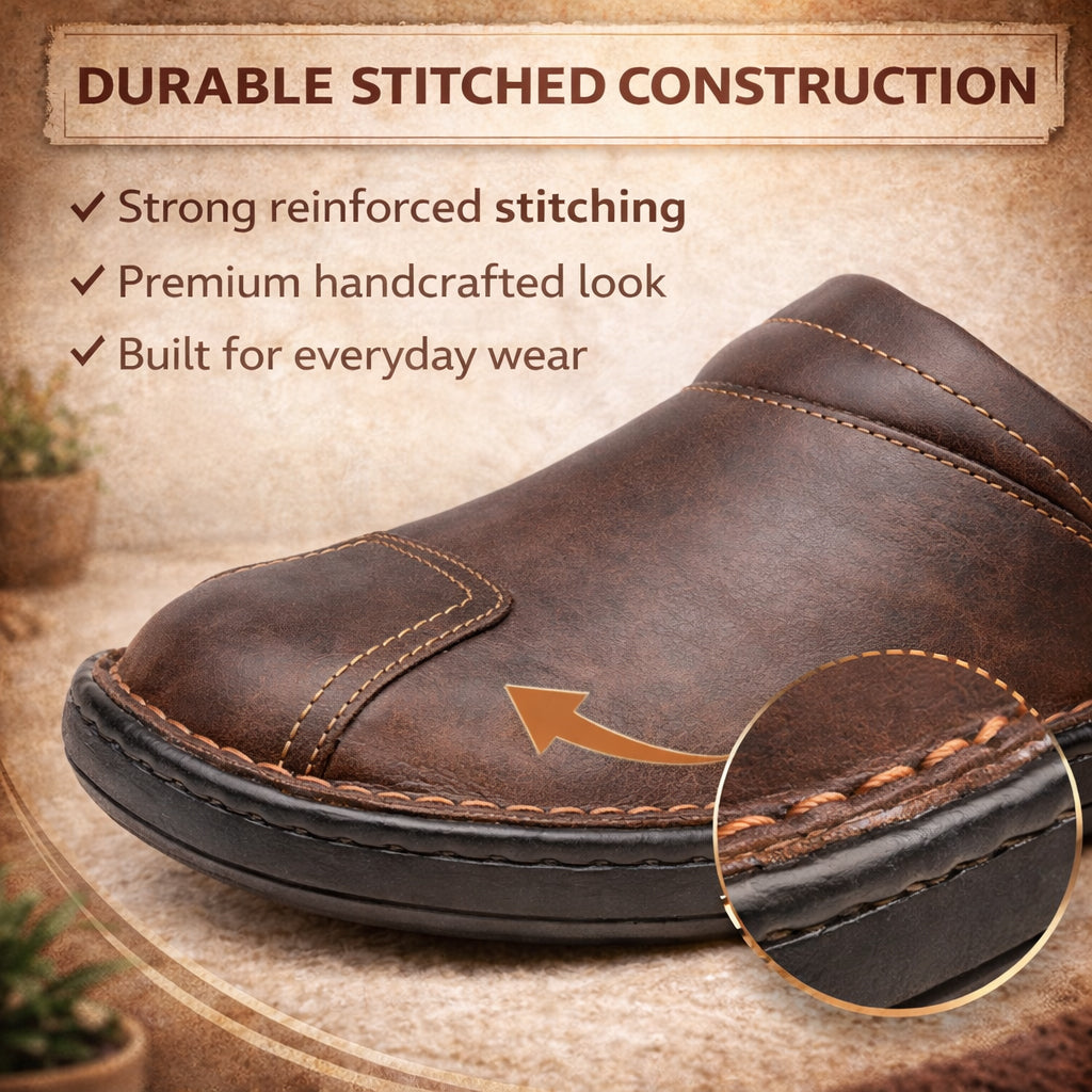 Mens Brown Leather Backless Slippers Gents Slip On Fashion Clogs Indoor House Shoes