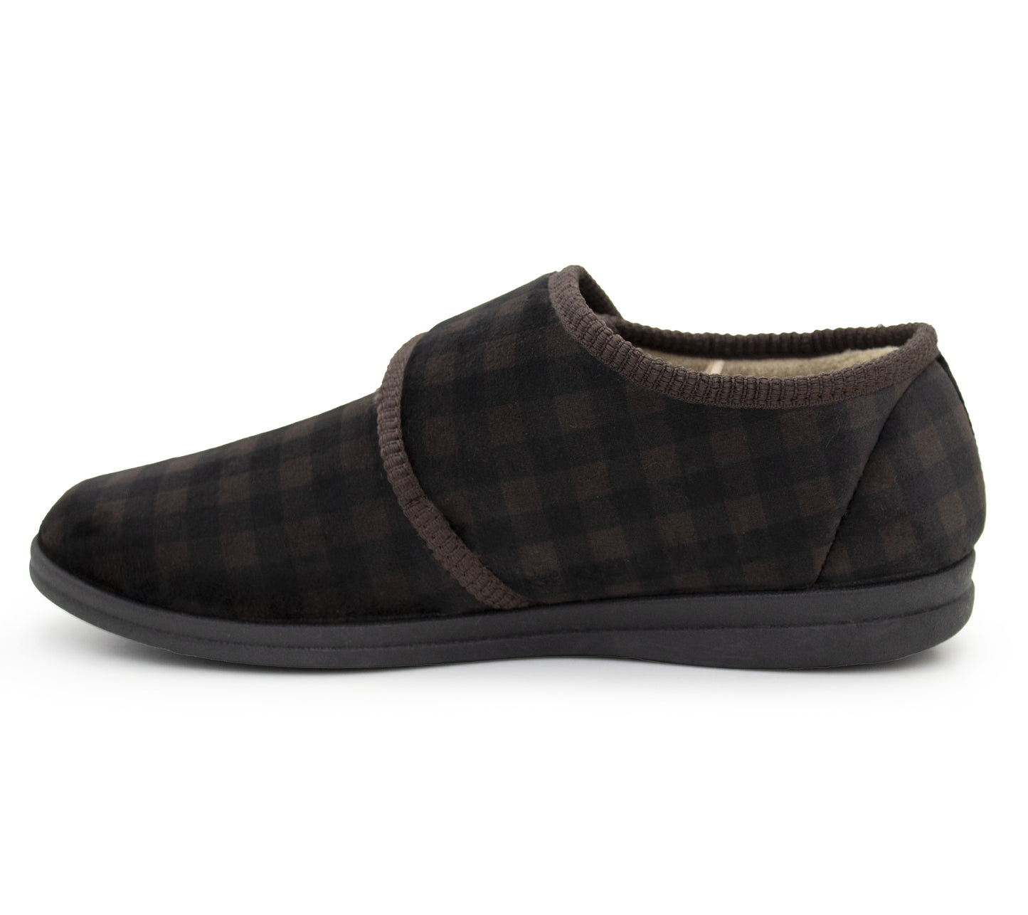 Mens Slippers Check Faux Fur Lined Thermal Wide Open Touch Fasten Straps House Shoes Brown