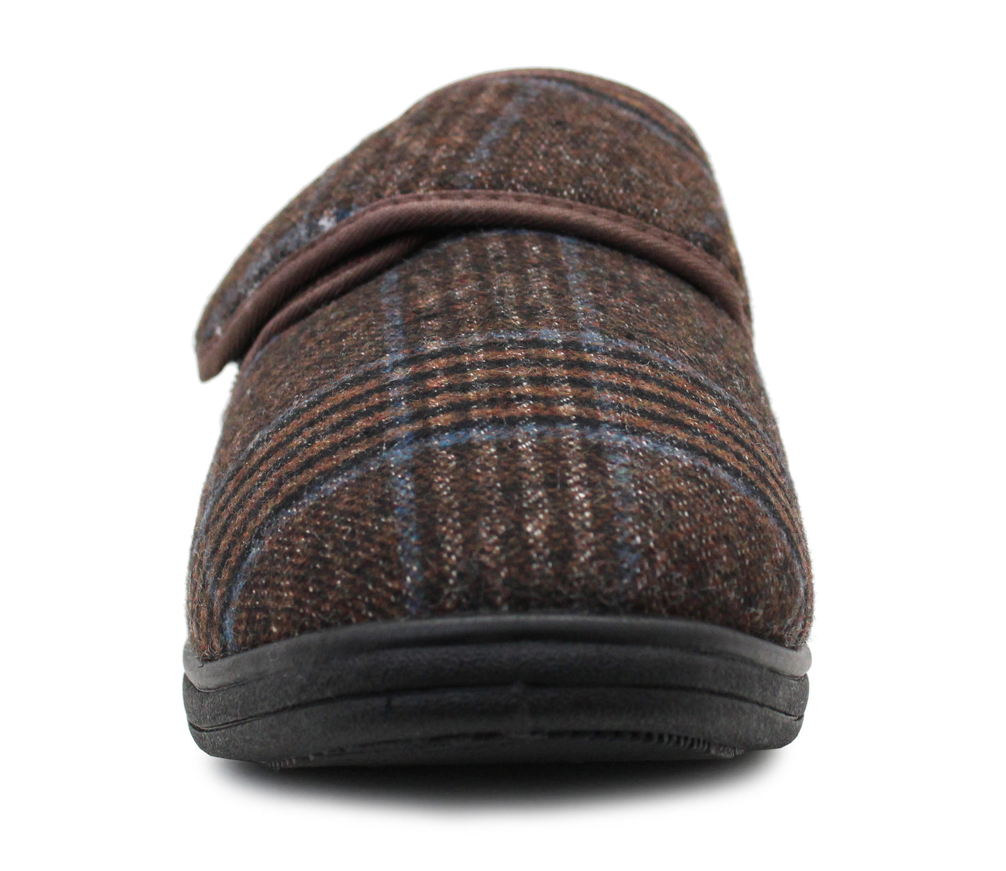 Mens Brown Check Felt Faux Fur Lined Thermal Wide Opening Touch Fasten Slippers