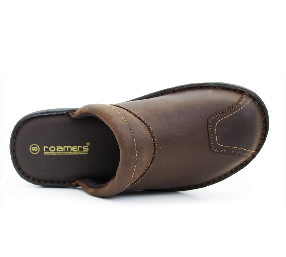 Mens Brown Leather Backless Slippers Gents Slip On Fashion Clogs Indoor House Shoes