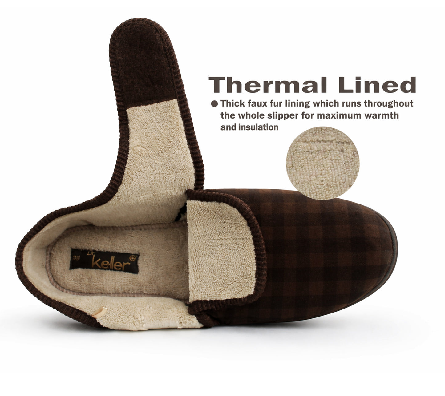 Mens Slippers Check Faux Fur Lined Thermal Wide Open Touch Fasten Straps House Shoes Brown