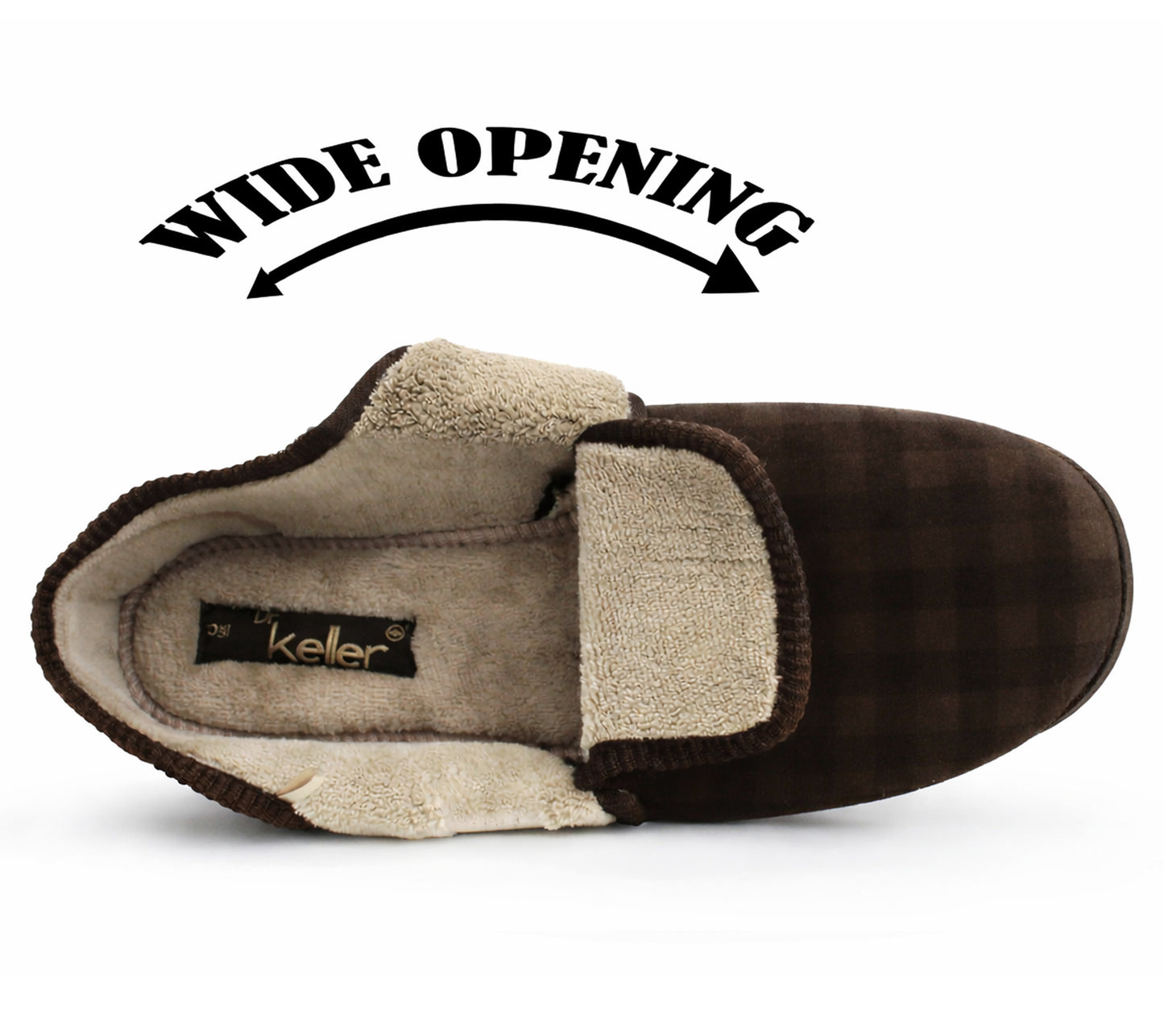 Mens Slippers Check Faux Fur Lined Thermal Wide Open Touch Fasten Straps House Shoes Brown