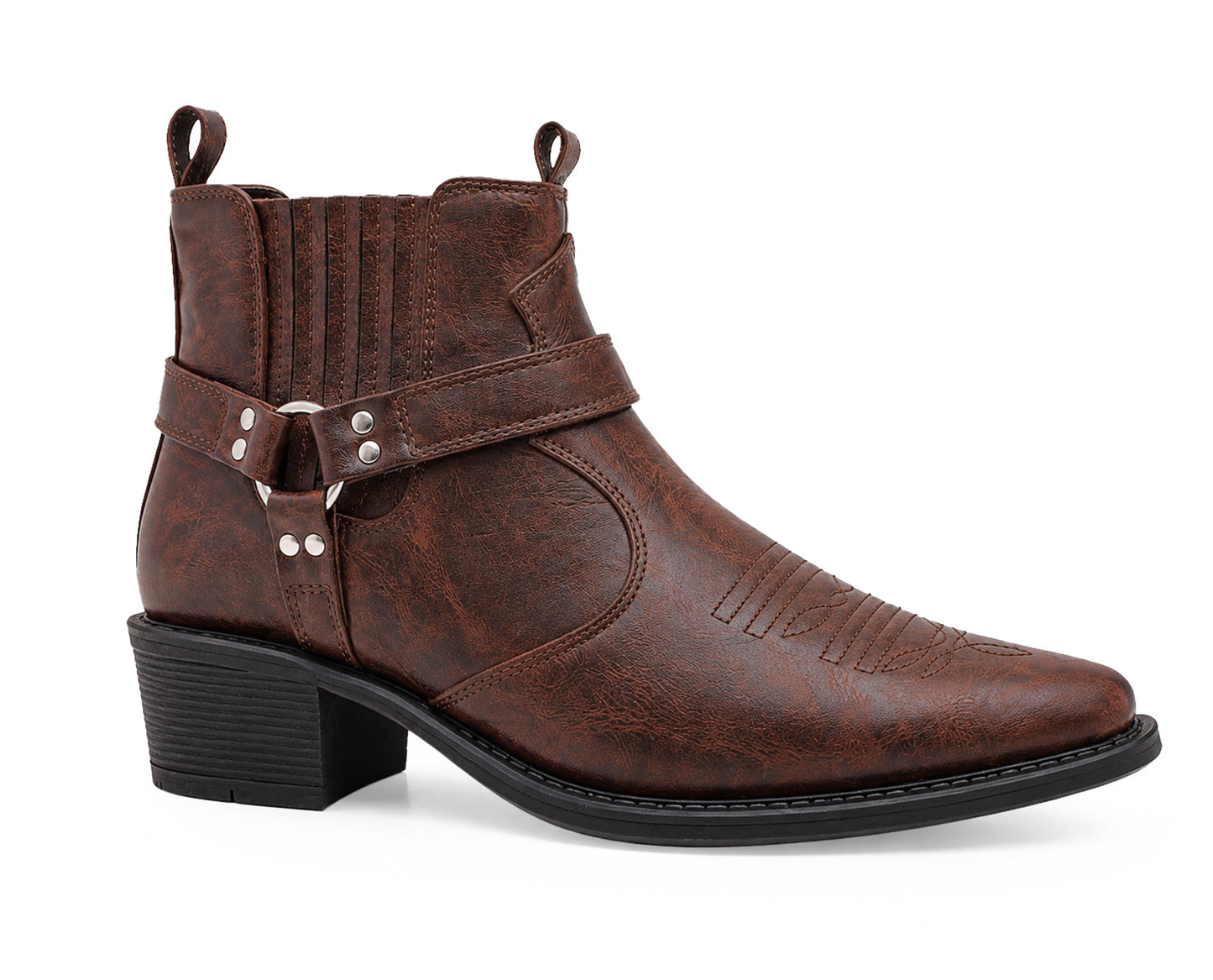 Men’s Western Cowboy Ankle Boots Harness Buckle Cuban Heel Biker Shoes
