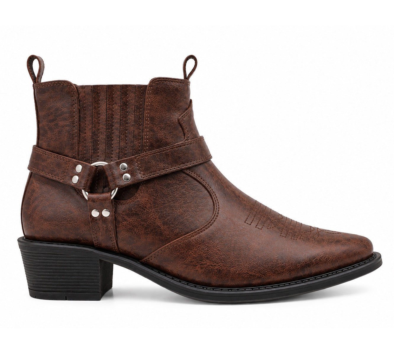 Men’s Western Cowboy Ankle Boots Harness Buckle Cuban Heel Biker Shoes