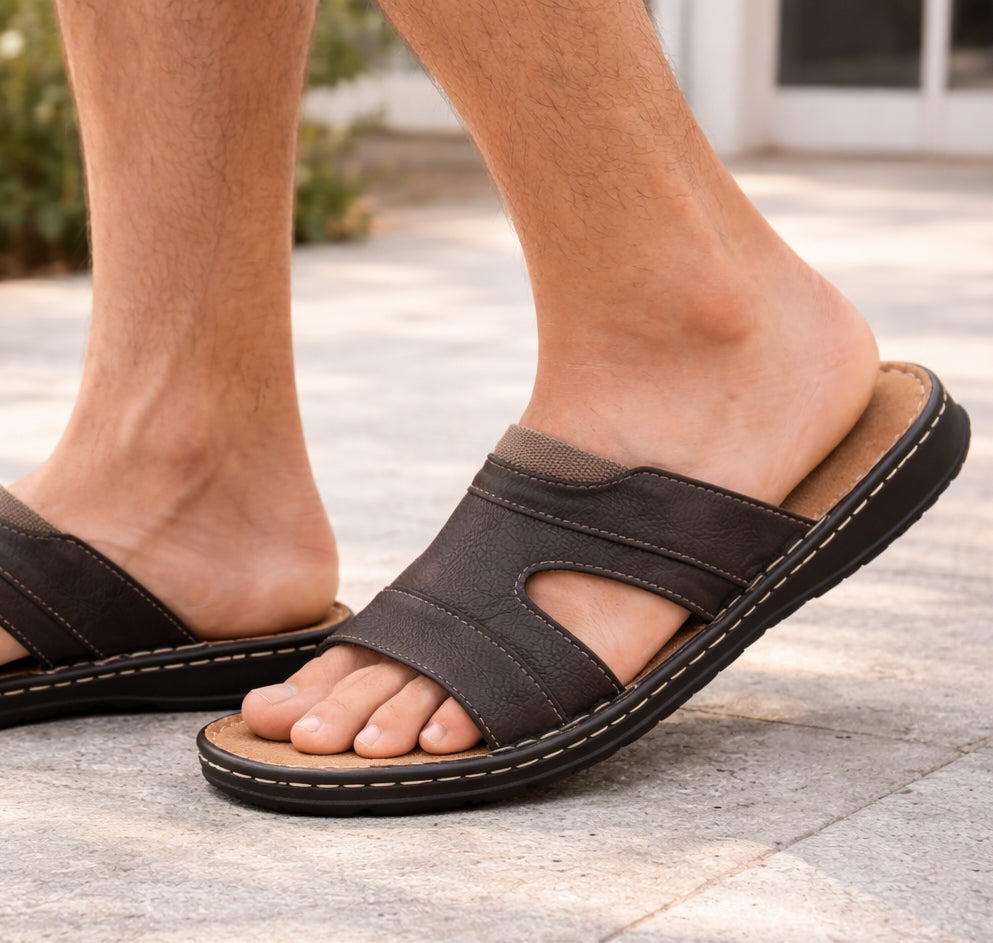 Mens Slip On Sandals Faux Leather Open Toe Sliders Flat Beach Casual Summer Slippers Comfort Sliders