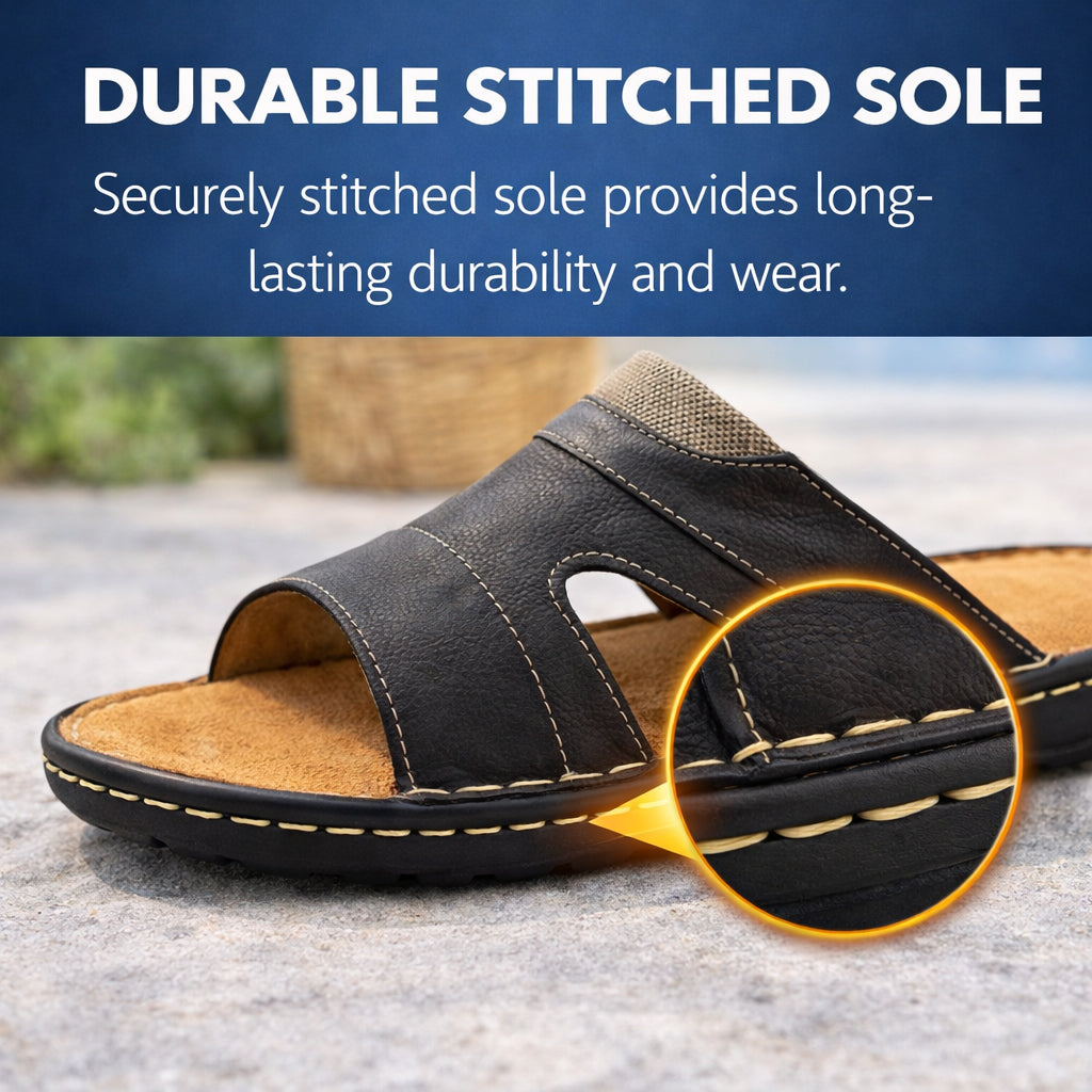 Mens Slip On Sandals Faux Leather Open Toe Sliders Flat Beach Casual Summer Slippers Comfort Sliders
