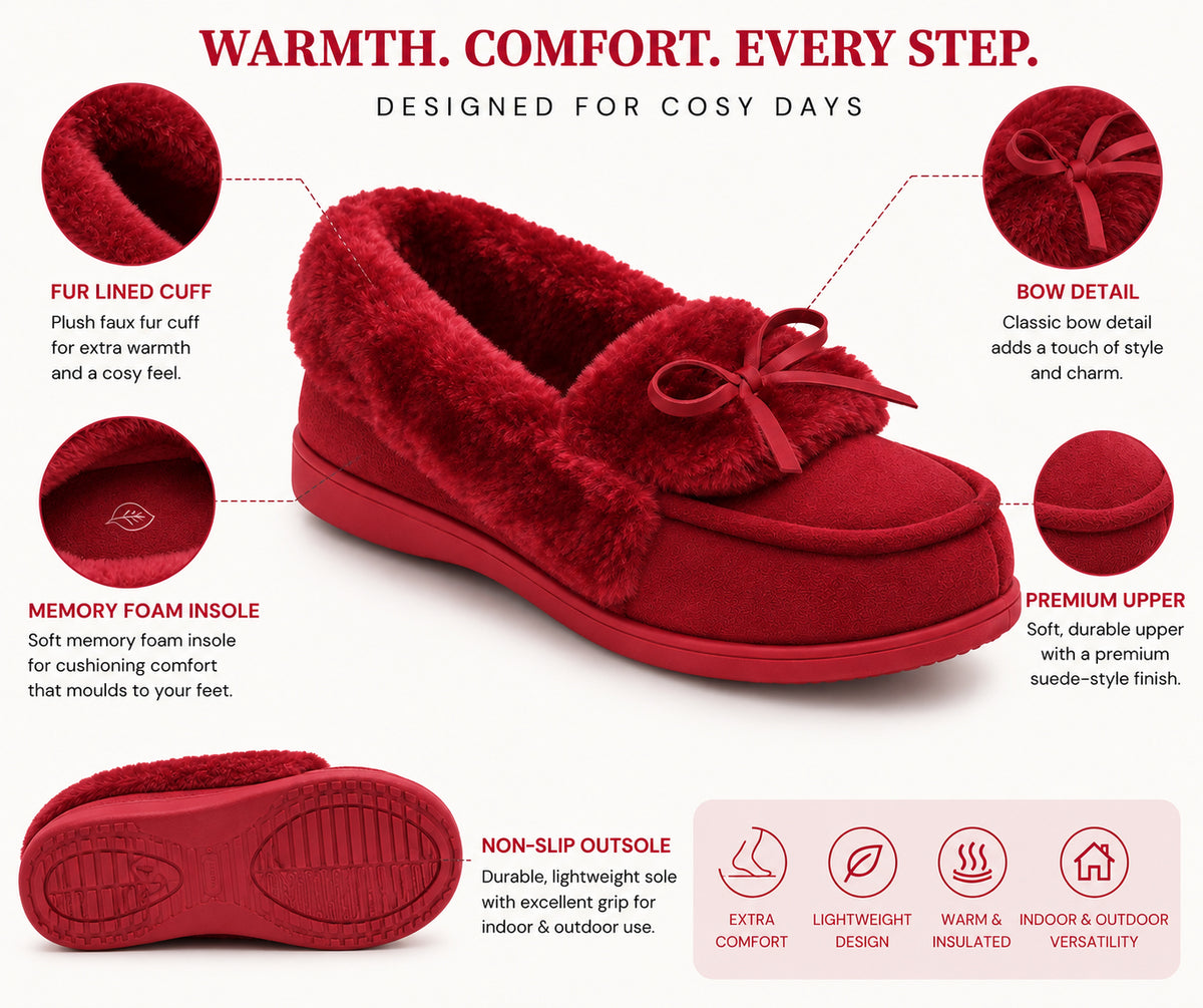 Womens Memory Foam Moccasin Slippers Faux Fur Trim Warm Slip On Ladies Winter House Shoes